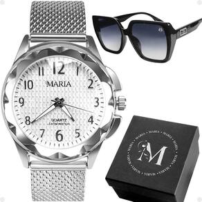 Relogio Aço Prova Dagua Prata Feminino + Oculos Sol + Caixa
