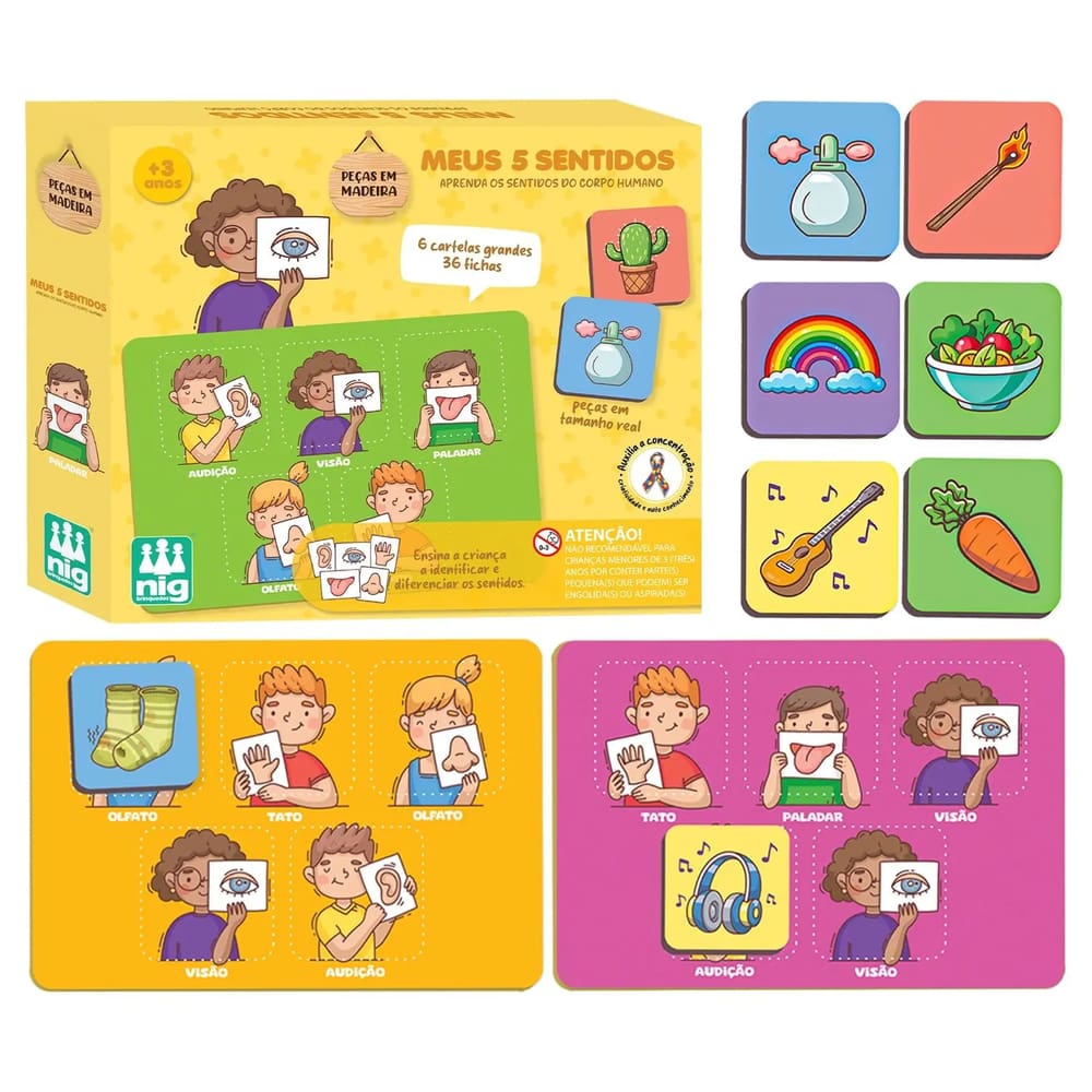 Jogo Meus 5 Sentidos Brinquedo Pedagógico Inclusivo Em Madeira Com 42 Peças - Nig Brinquedos