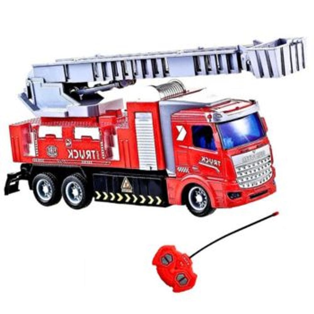 Caminhao Controle Remoto Bombeiro 4 Funcoes a Pilha DM Toys com Luz na Cabine e Escada Magirus