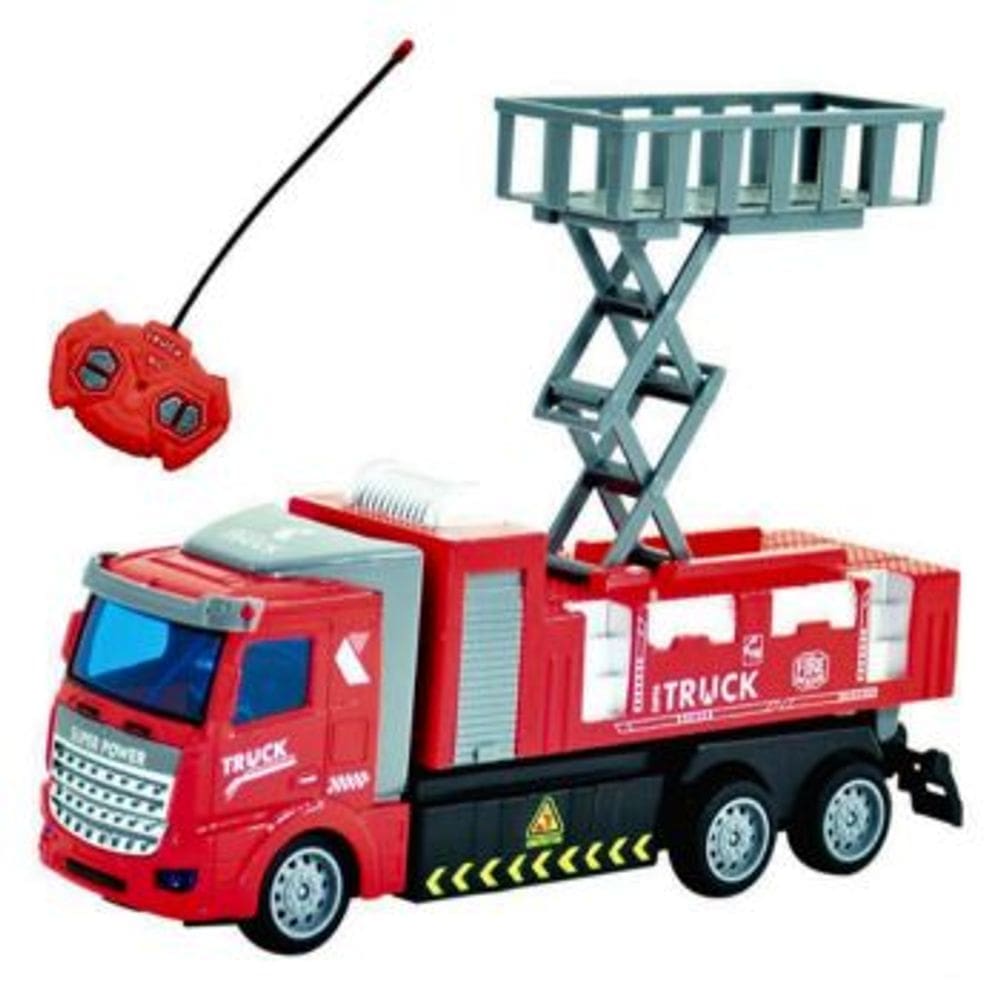 Caminhao Controle Remoto Bombeiro 4 Funcoes a Pilha DM Toys com Luz na Cabine e Plataforma que Sobe