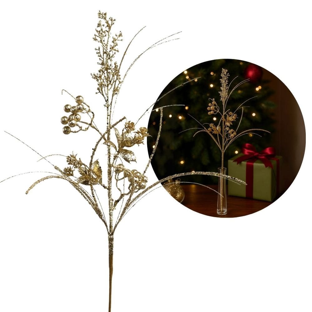 Galho Natalino Decorativo Flores e Berries Glitter Dourado Brilho Luxo 72cm - Magizi