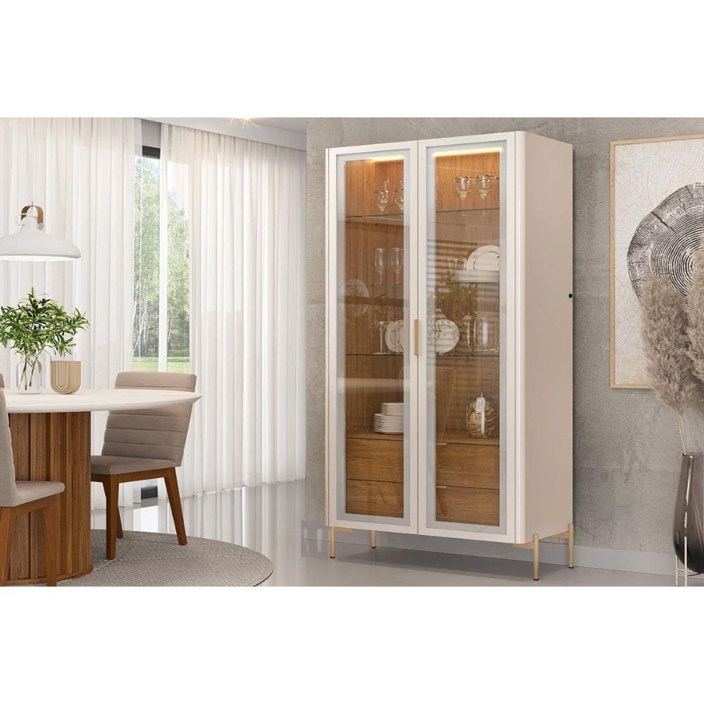 Cristaleira Sala Jantar Olivia c/ 2 Portas (2 c/ Vidro) 179x80cm Off White/Freijó - DJ Móveis