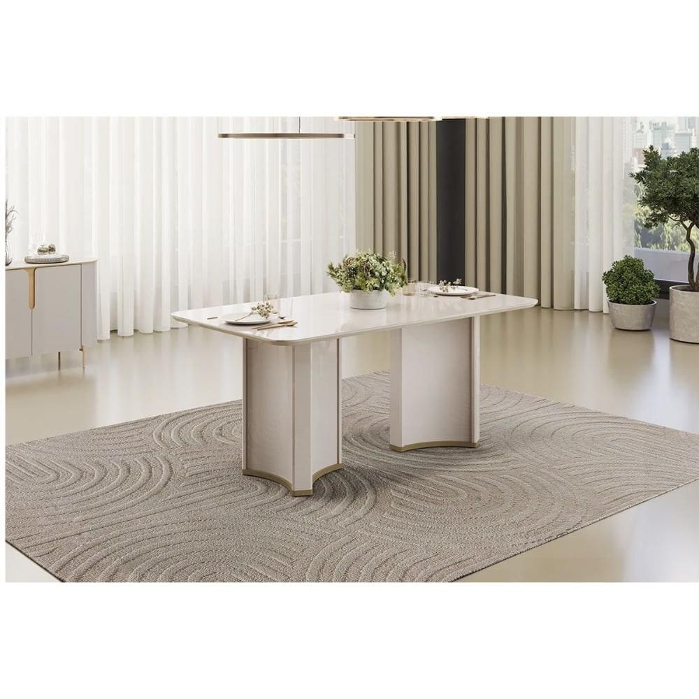 Mesa de Sala Jantar Liz c/ Tampo Madeirado c/ Vidro Curvo 180x100cm Off White/Off White - DJ Móveis