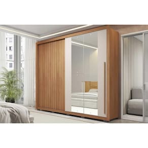 Guarda Roupa Casal 2 Portas de Correr (1 Ripada e 1 c/ Espelho) e 4 Gavetas Romanus Double Lux Freijo/Off White - Caemmun