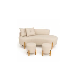 Conjunto Sofá Curvo Orgânico + 02 Puff Luna Boucle Bege - Montanaris Decor