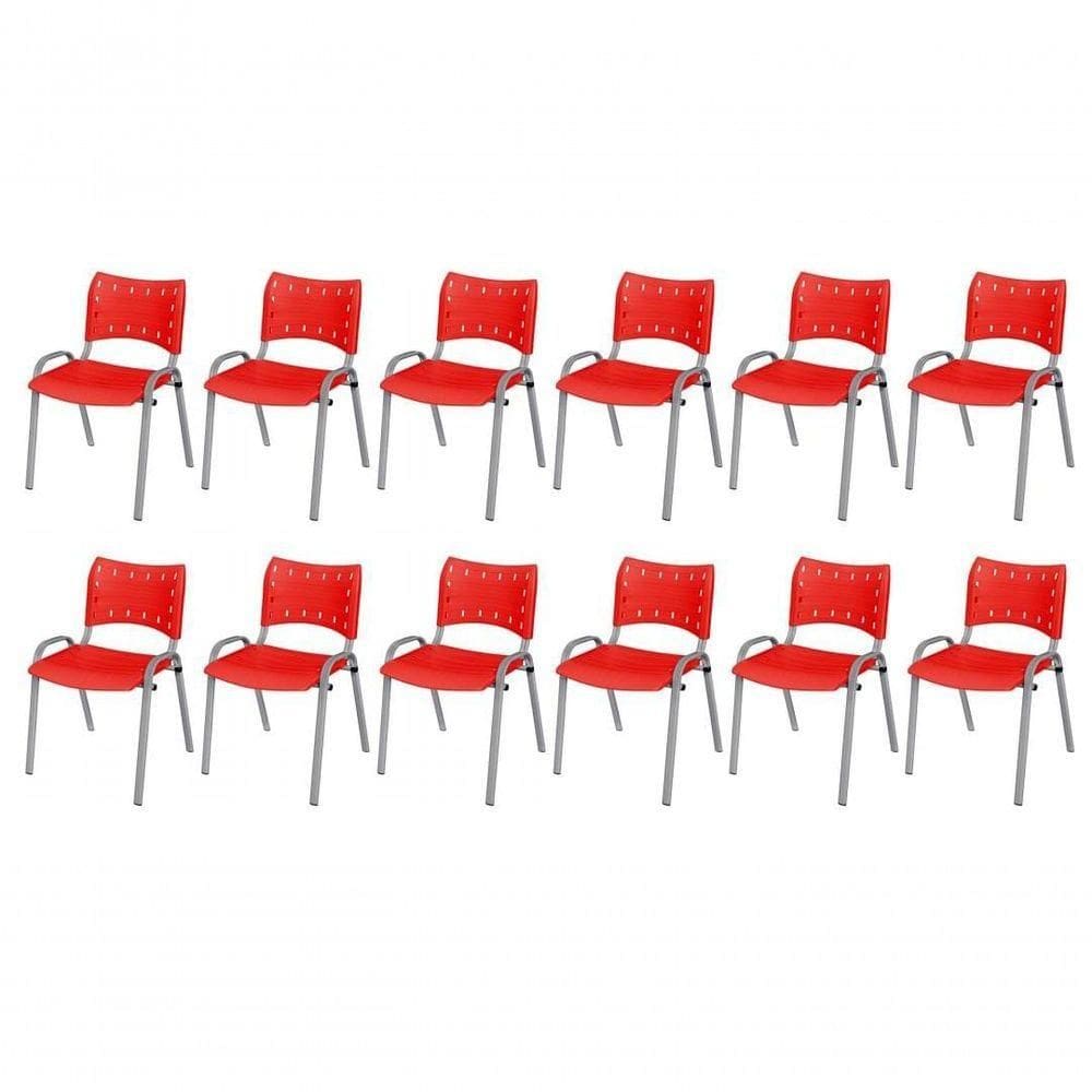 Cadeira Iso Base Cinza Escola, Escritório Vermelho Kit 12 Un