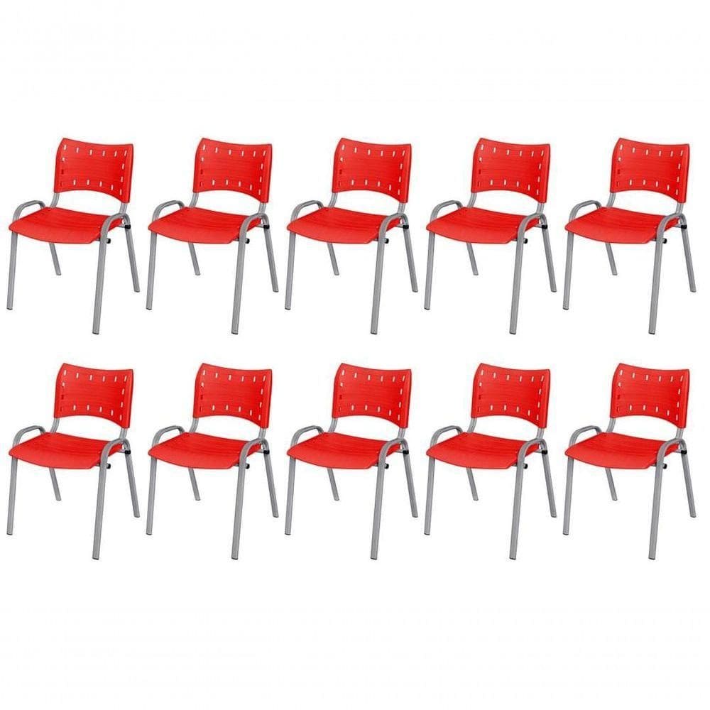 Cadeira Iso Base Cinza Escola, Escritório Vermelho Kit 10 Un