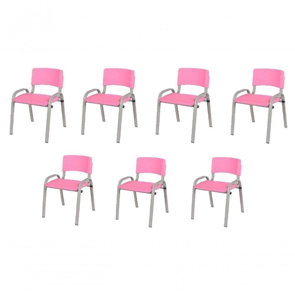 Kit 7 Cadeira Iso Infantil Creche, Escola Base Cinza Rosa