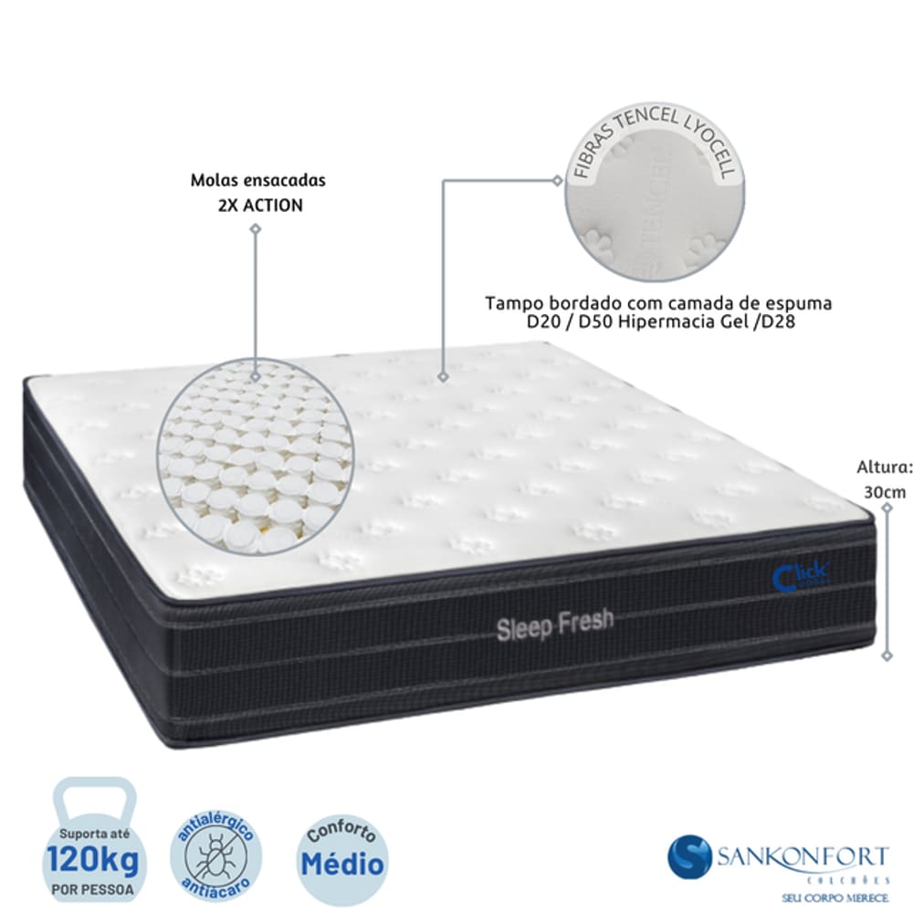 Colchão Sankonfort Sleep Fresh Molas Ensacadas Queen 158x198x30