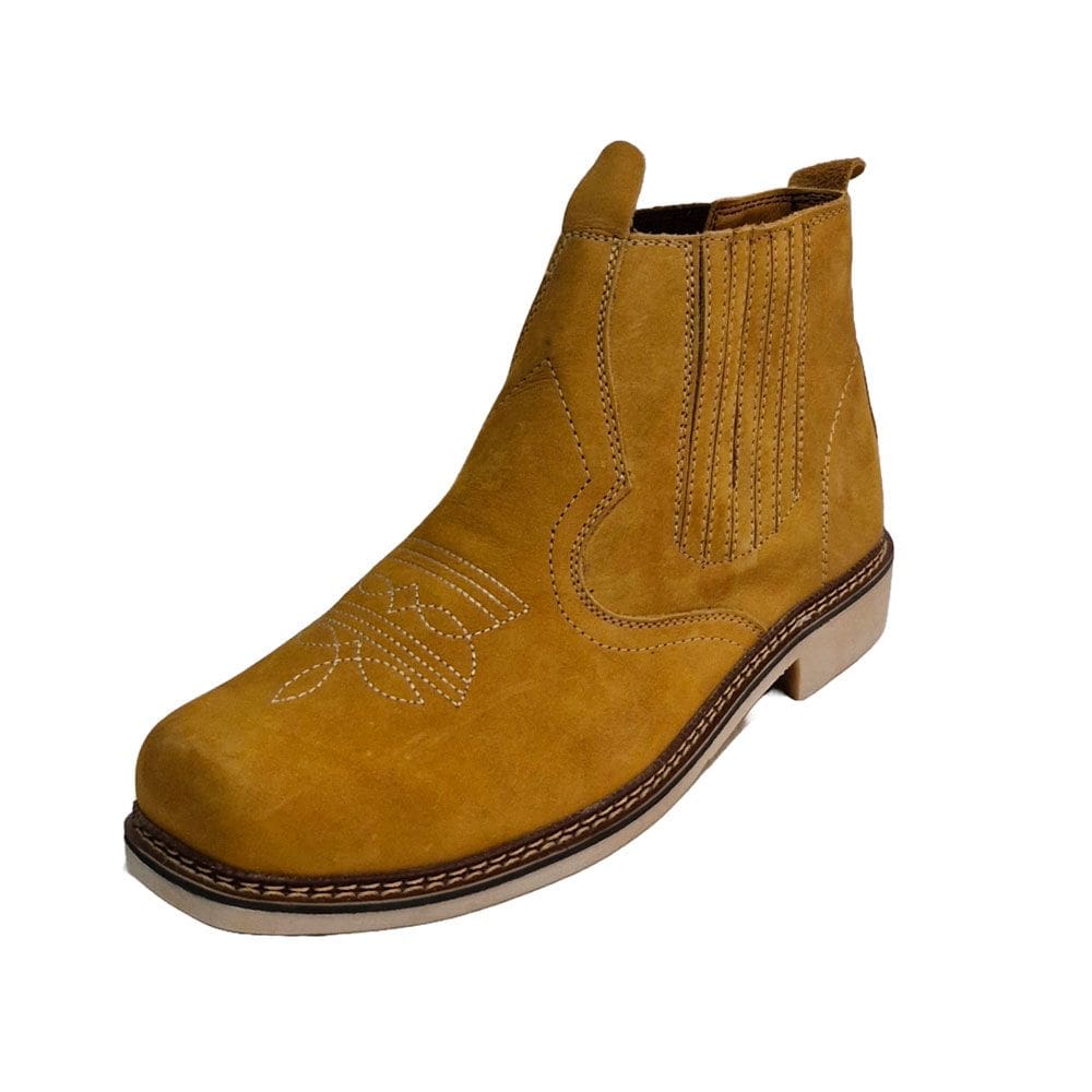 Botina Em Couro Masculina Bordada Bico Quadrado Costura Manual Elastico Lateral Rodeio Peão