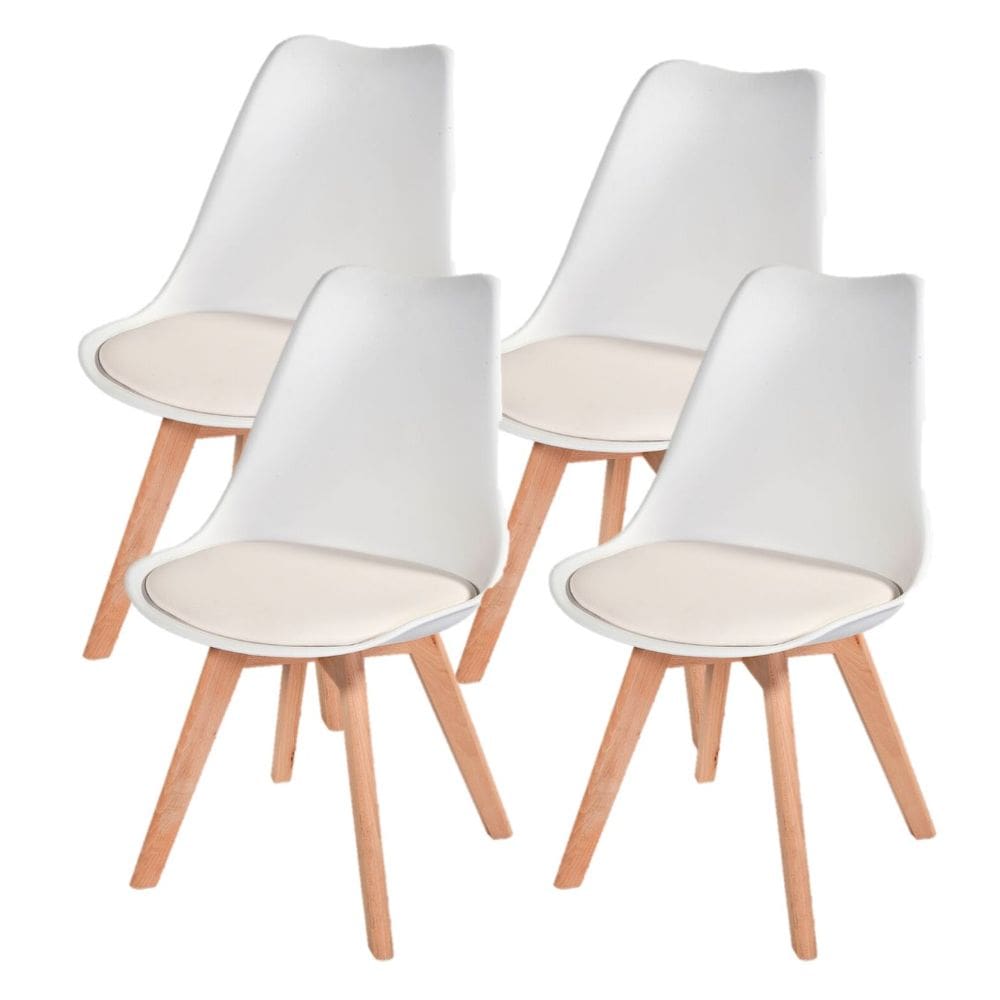 Kit 4 Cadeiras Charles Eames Leda Branca Design Wood Estofada Base Madeira Branca