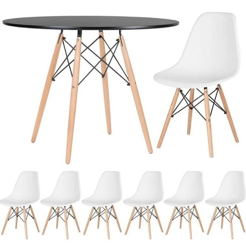 Conjunto de Mesa de Jantar Eames Eiffel Redonda 110cm Tampo de Madeira Preto com 6 Cadeiras Brancas