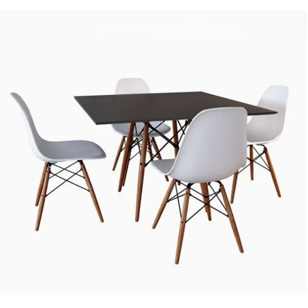 Conjunto Mesa Jantar Quadrada Eiffel 80cm Preto Mdf + 4 cadeiras Charles Eames Brancas