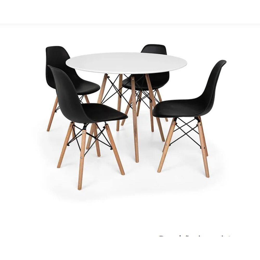 Conjunto De Mesa De Jantar Eames Eiffel Redonda 120cm Tampo De Madeira Branco Com 4 Cadeiras Pretas