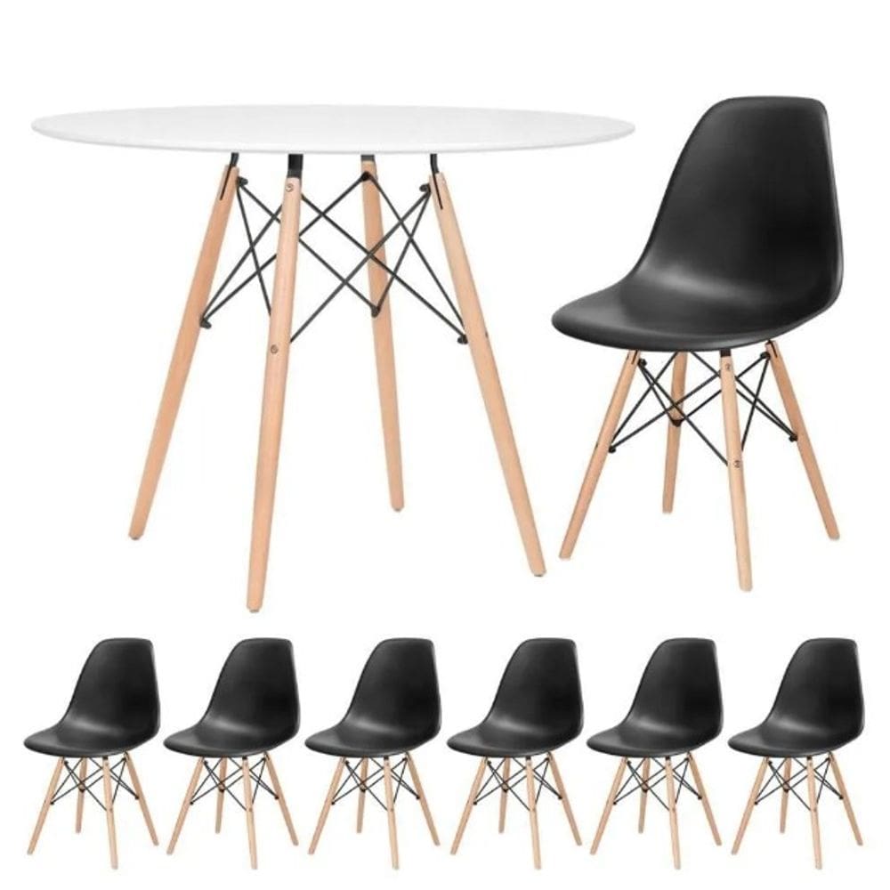 Conjunto de Mesa de Jantar Eames Eiffel Redonda 110cm Tampo de Madeira Branco com 6 Cadeiras Pretas