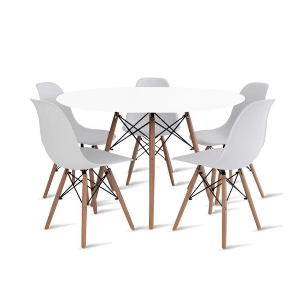 Conjunto de Mesa Eames Eiffel Redonda 120cm Branco + 5 Cadeiras Brancas