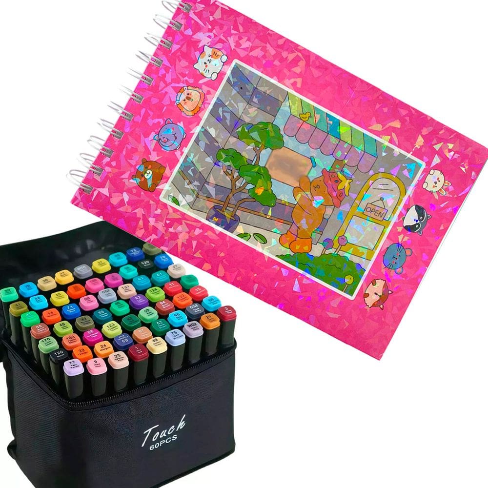 Livro Pintar Canetinha 60 Cores Ponta Dupla Desenho Ursinho Fofo Capa Dura 100 Paginas Divertido Lazer Hobbie