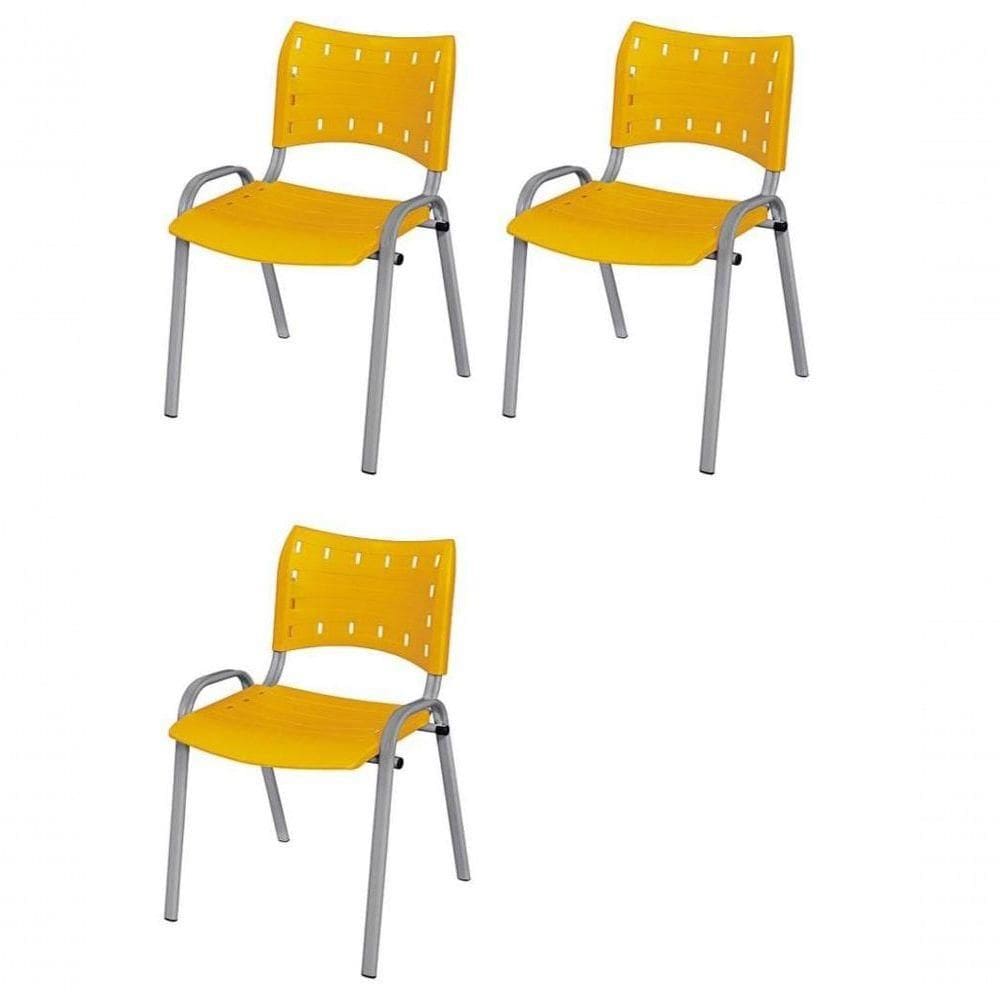 Cadeira Iso Base Cinza Escola, Escritório Amarelo - Kit 3 Un