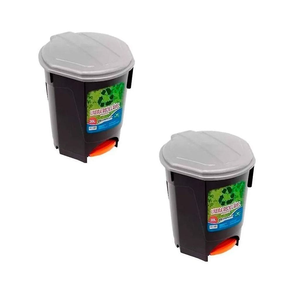 2 Lixeira De Chão Com Pedal 30Lts Multiuso Preta Arqplast