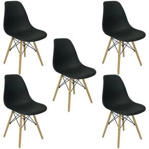 Kit com 5 Cadeiras Charles Eames Eiffel Pretas Base de Madeira, Design Moderno