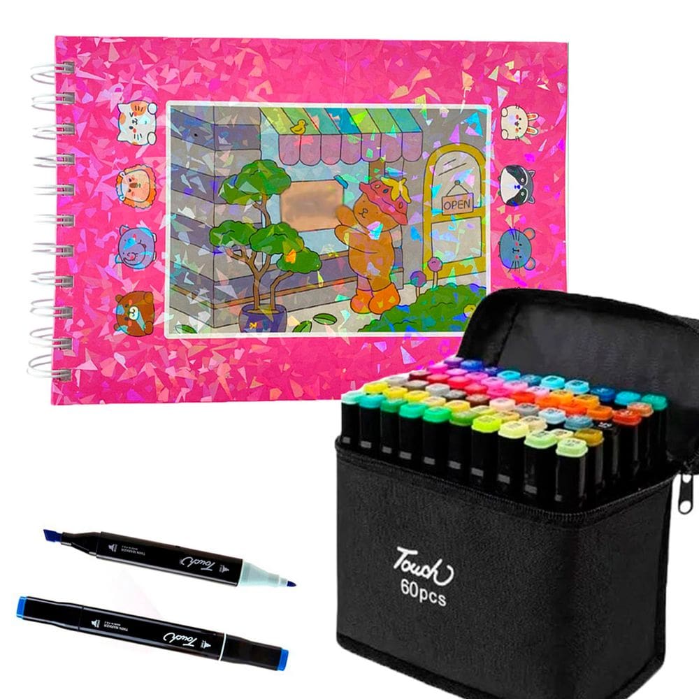 Livro Pintar Colorir Ursinho Fofo 100 Paginas Capa Dura Canetinhas 60 Cores Ponta Dupla Estojo Divertido Lazer Hobbie