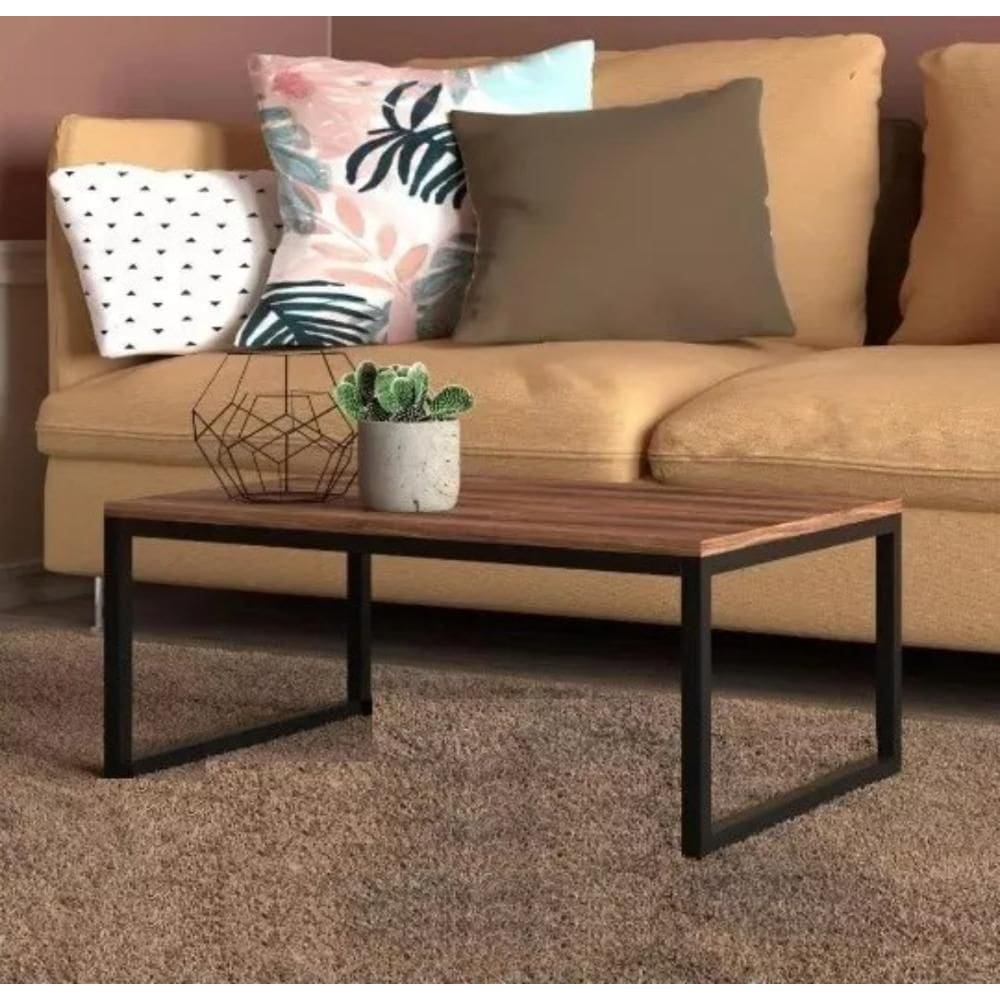 Mesa Centro Sala pés de ferro industrial 80x40 Tampo MDF Amadeirado Carmin