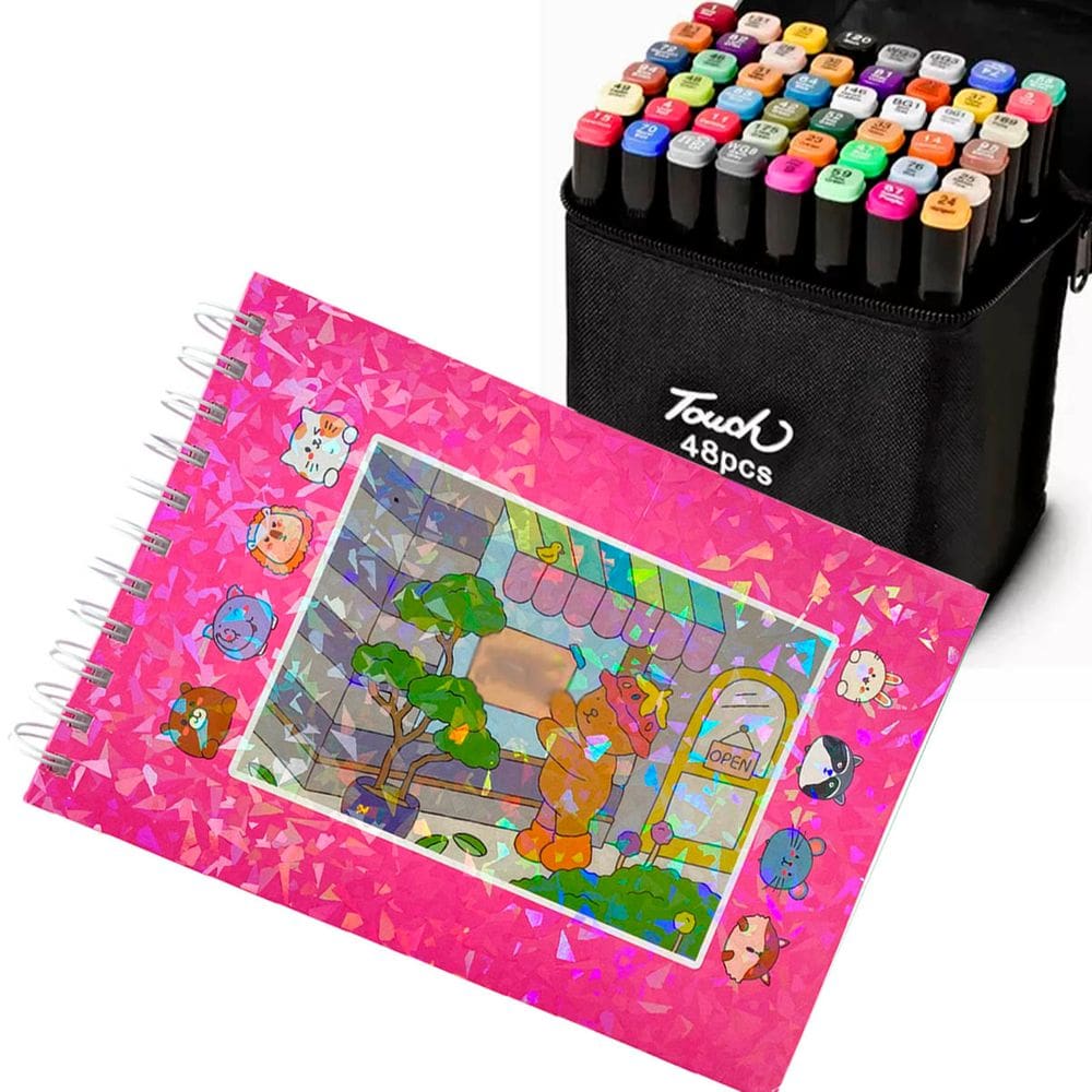 Canetinhas 48 Cores Ponta Dupla Livro Colorir Ursinho Fofo Estojo Desenho Divertido Colorir Pintura