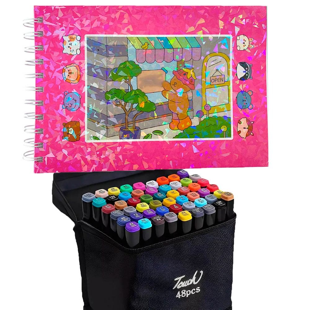 Livro De Pintar Ursinho Fofo 100 Paginas Capa Dura Canetinhas 48 Cores Ponta Dupla Estojo Desenho Pintura Divertida Hobbie Lazer