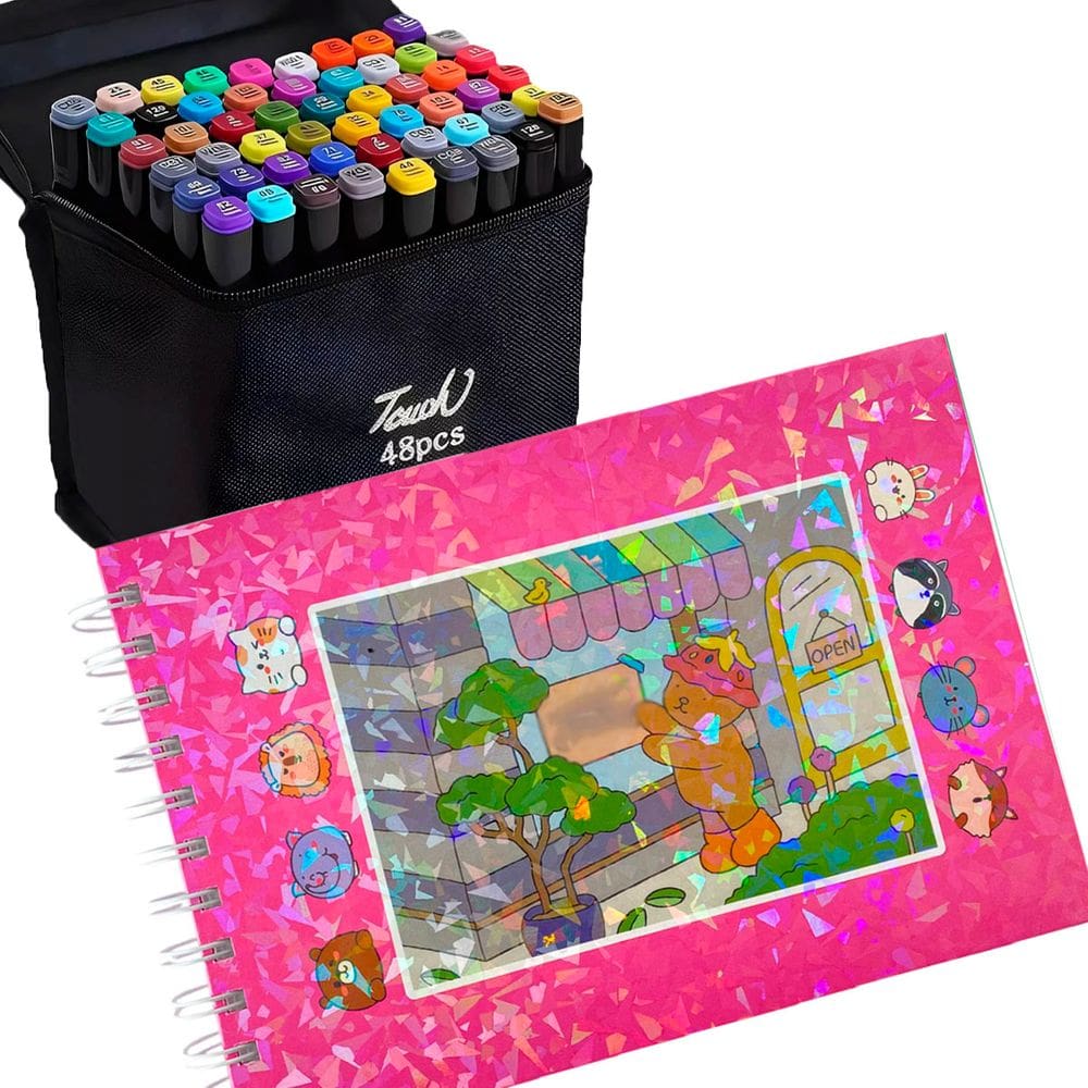 Livro De Pintar 100 Paginas Capa Dura Canetinha 48 Cores Ponta Dupla Estojo Bolsinha Desenho Ursinho Fofo