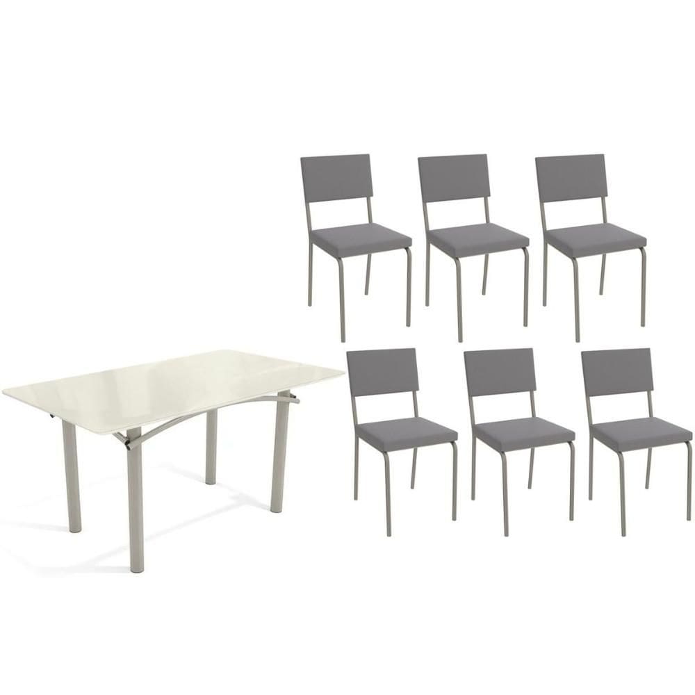Conjunto: Mesa de Cozinha Elba Tampo Madeirado c/ Vidro 160cm e 6 Cadeiras Zaria Niquel/Off White - Suede Cinza - Kappesberg