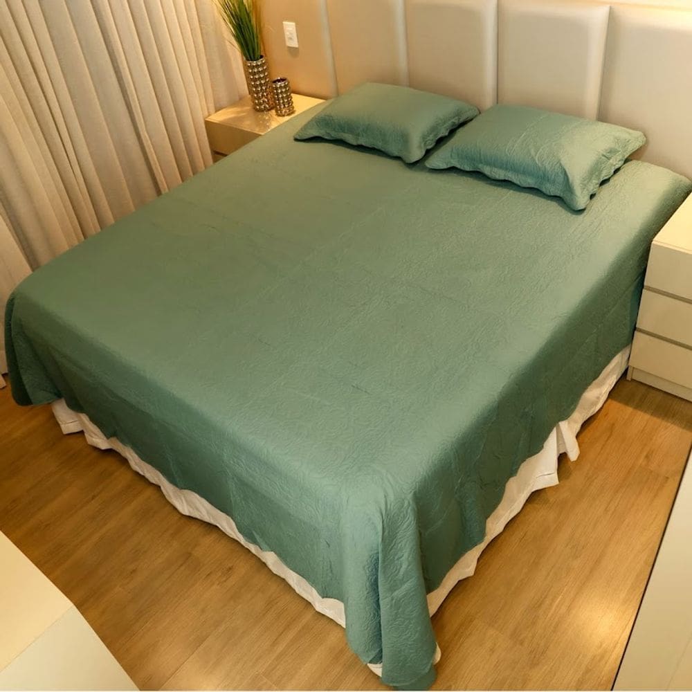 Colcha Cobre Leito King Poliester Matelado Liso 3pcs Verde