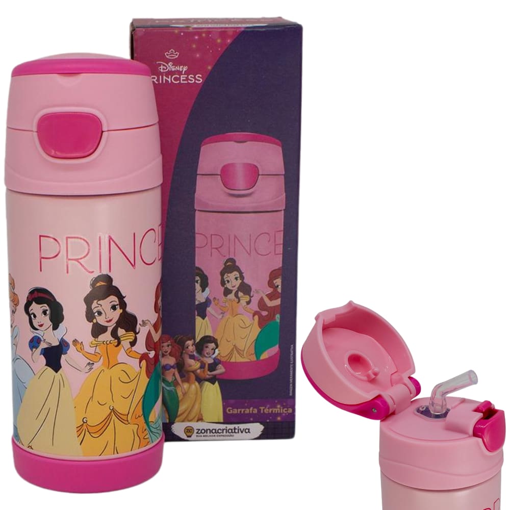Garrafa Princesas Cinderela Branca De Neve Bela Ariel Térmica Quente Gelada Infantil Com Canudo De Silicone 350ML Oficia