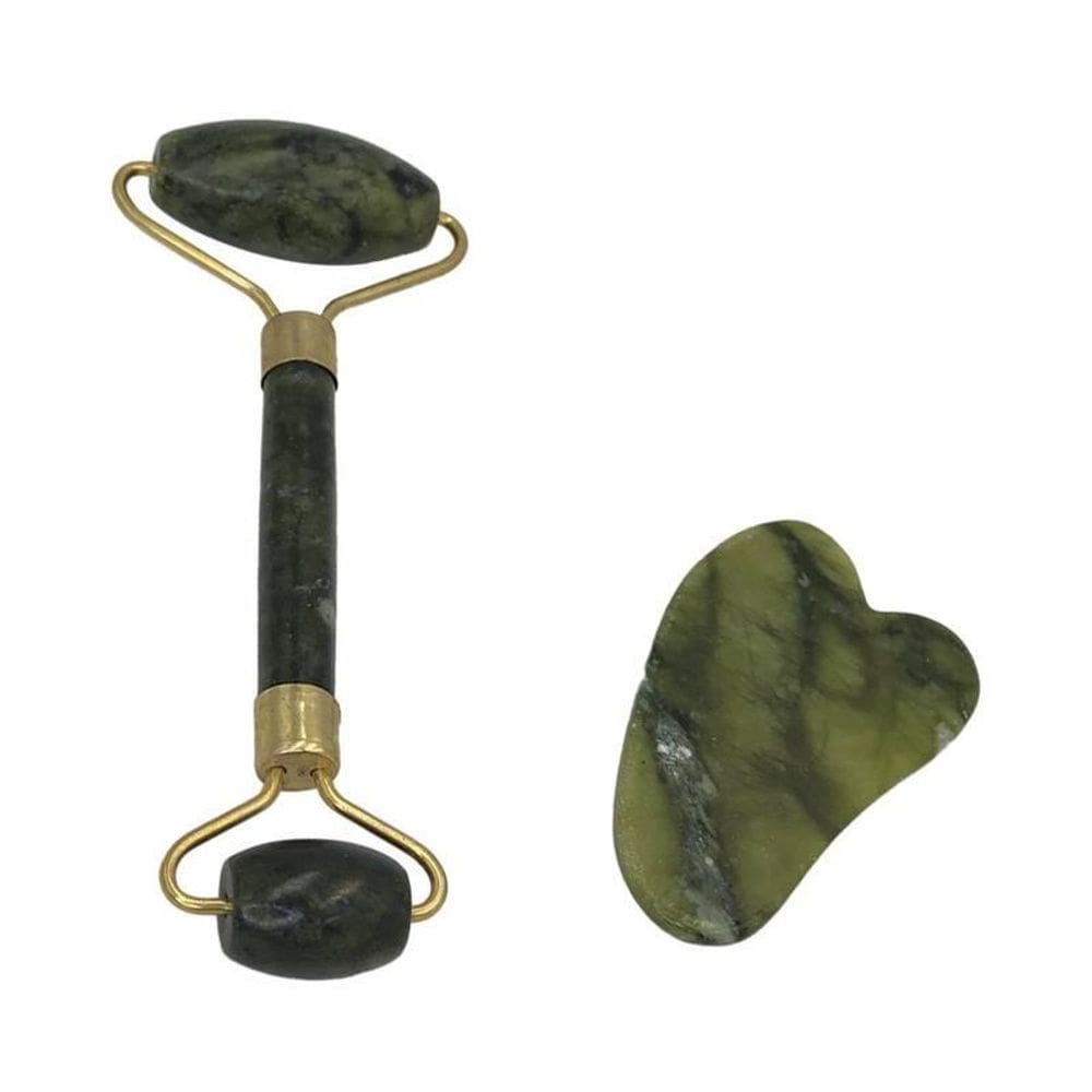 Rolo Pedra De Jade + Placa Gua Sha Massagem Facial Anti Ruga