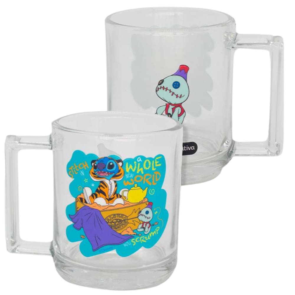 Caneca Stitch Aladim No Tapete Vidro Transparente 250 ml Oficial Disney