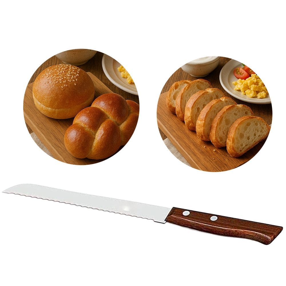 Faca Para Pão 8 Com Serra Aço Inox Cabo Madeira Marrom Faca Cortes De Pão Bolo Plenus Resistência