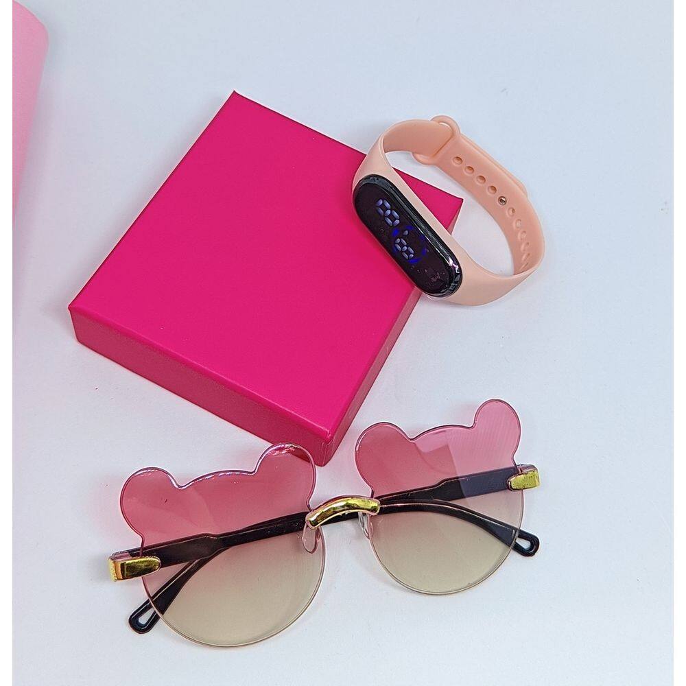 Kit Relógio Digital Led touch Meninas Pulseira Silicone + Óculos de Sol Infantil Orelha de Urso Proteção UV400 Crianças