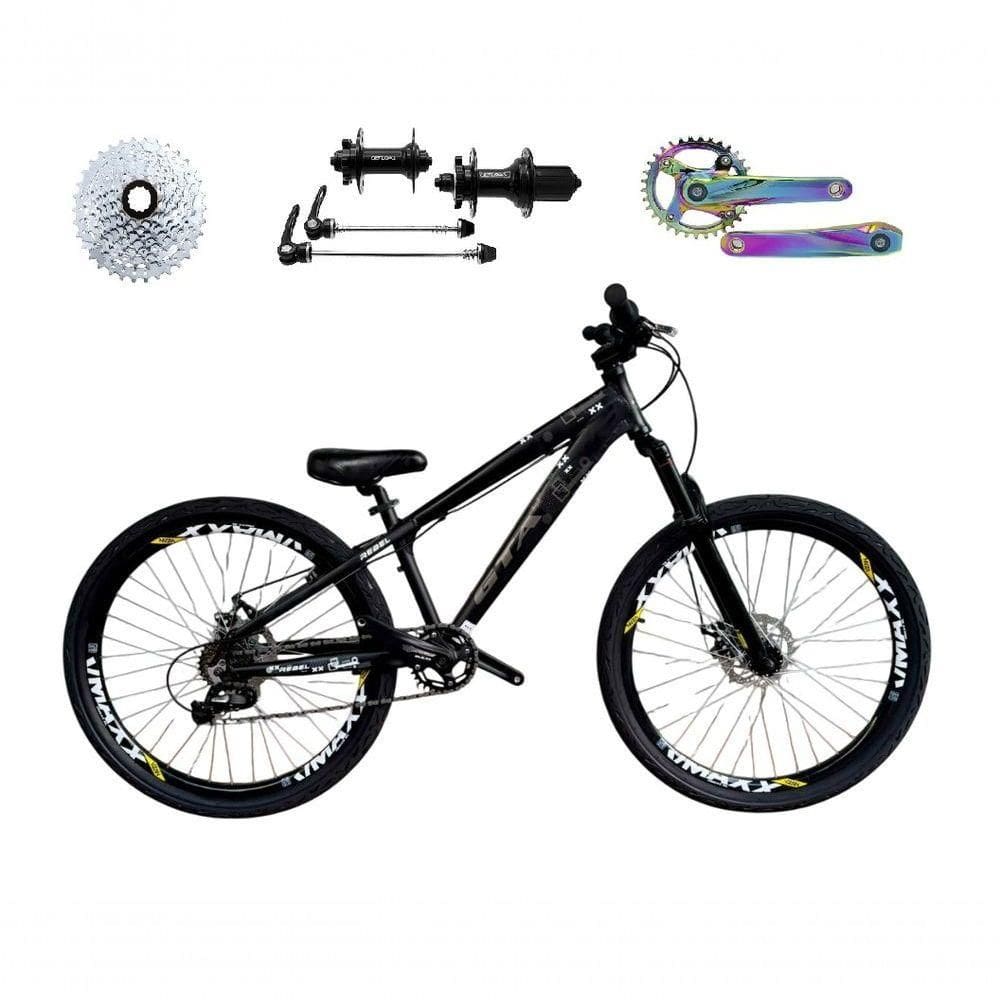 Bicicleta 26 Gta Rebel Freeride Cor Preto Single 8v Cubo Barulhento Pedivela Camaleão Freio Disco Aros Vmaxx Pneu Flame