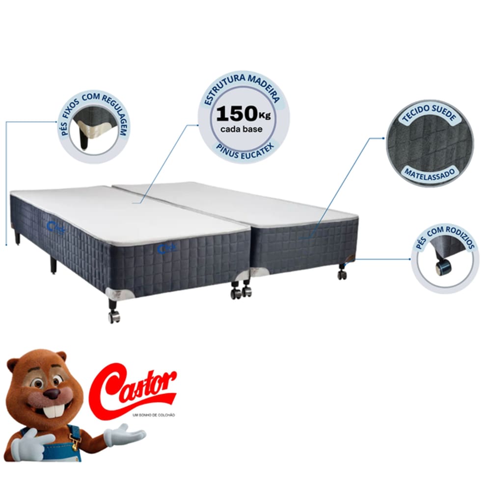 Base Box Castor Silver Star Cinza Casal Bipartido 138x188x40