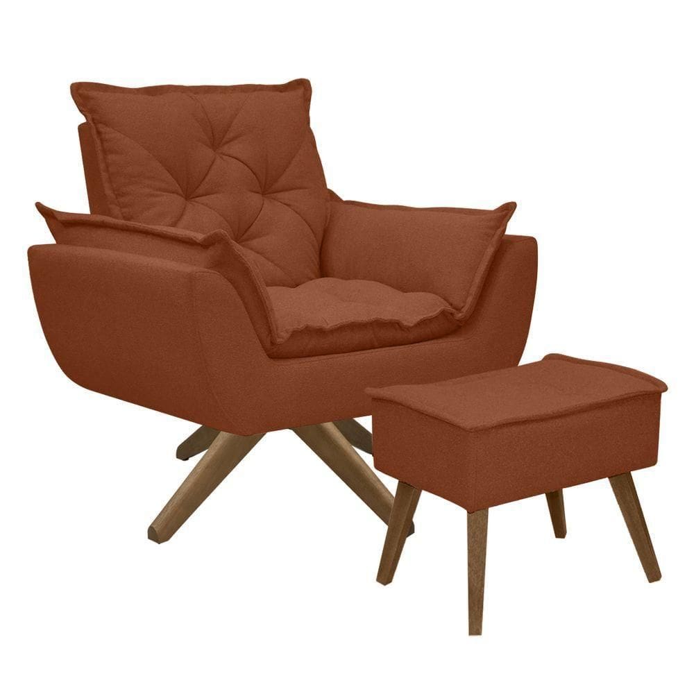 Kit Poltrona E Puff Opala Com Base Em Madeira Tecido Boucle Terracota
