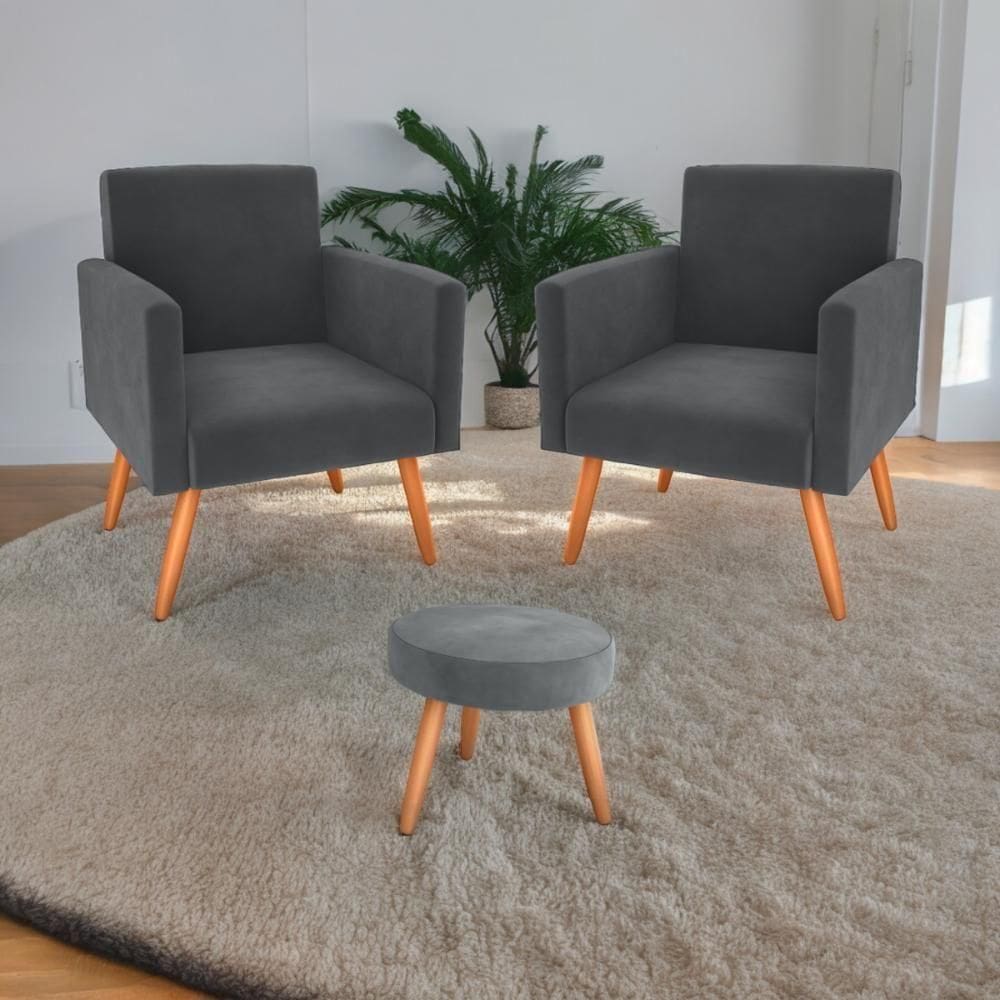 Conjunto Poltronas E Puff Iara Veludo Cinza