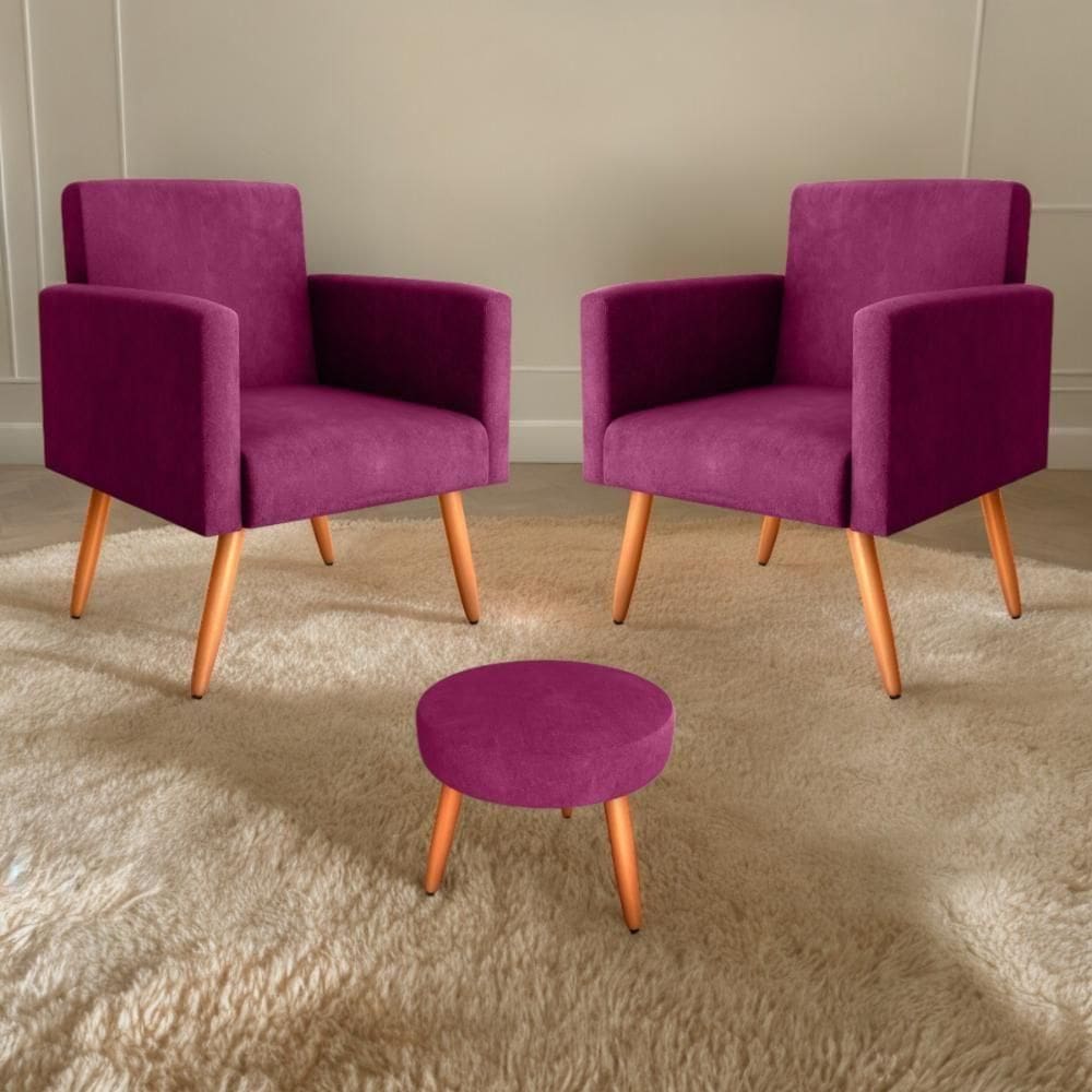 Conjunto Poltronas E Puff Anari Veludo Turkey Marsala