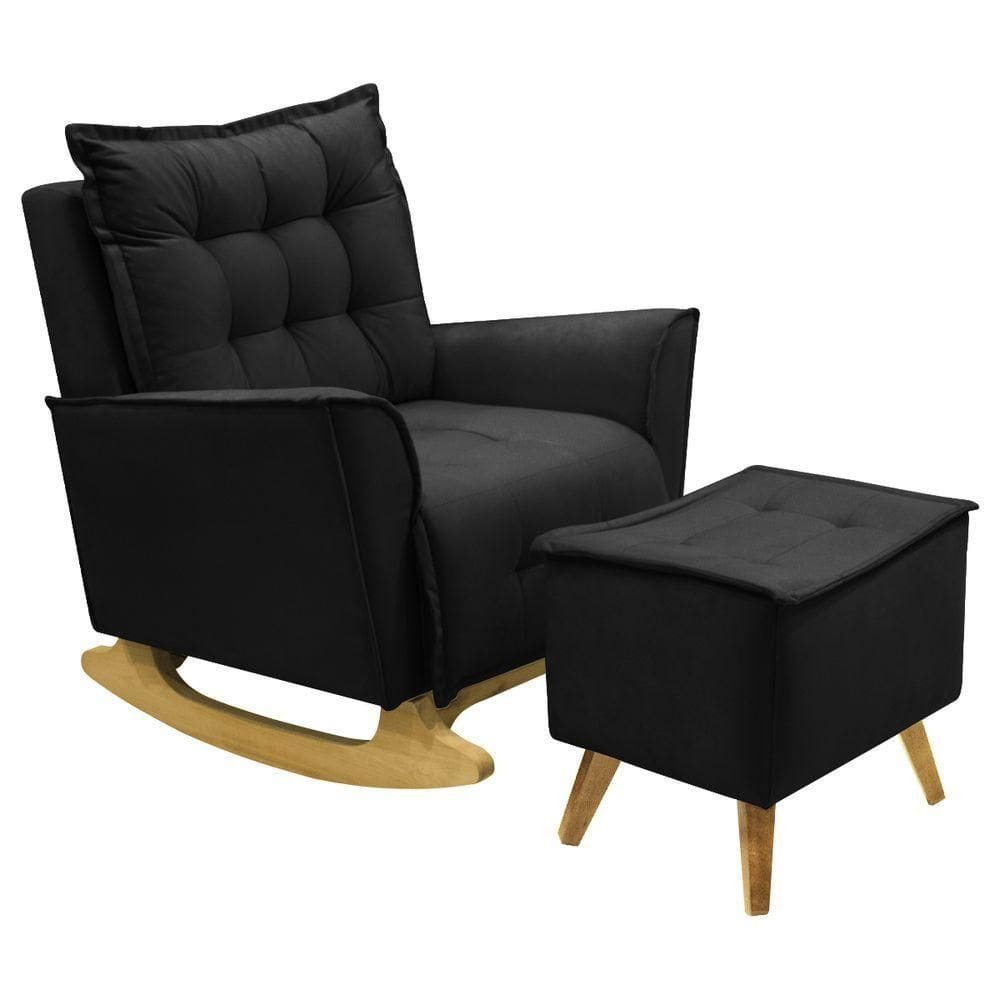 Poltrona Amamentação De Balanço Helena + Puff Veludo Quarto Preto