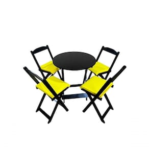 Conjunto Mesa Dobrável Com 4 Cadeiras Preto Estofado Amarelo Redonda