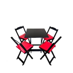 Conjunto Mesa Dobrável Com 4 Cadeiras Preto Estofado Vermelho