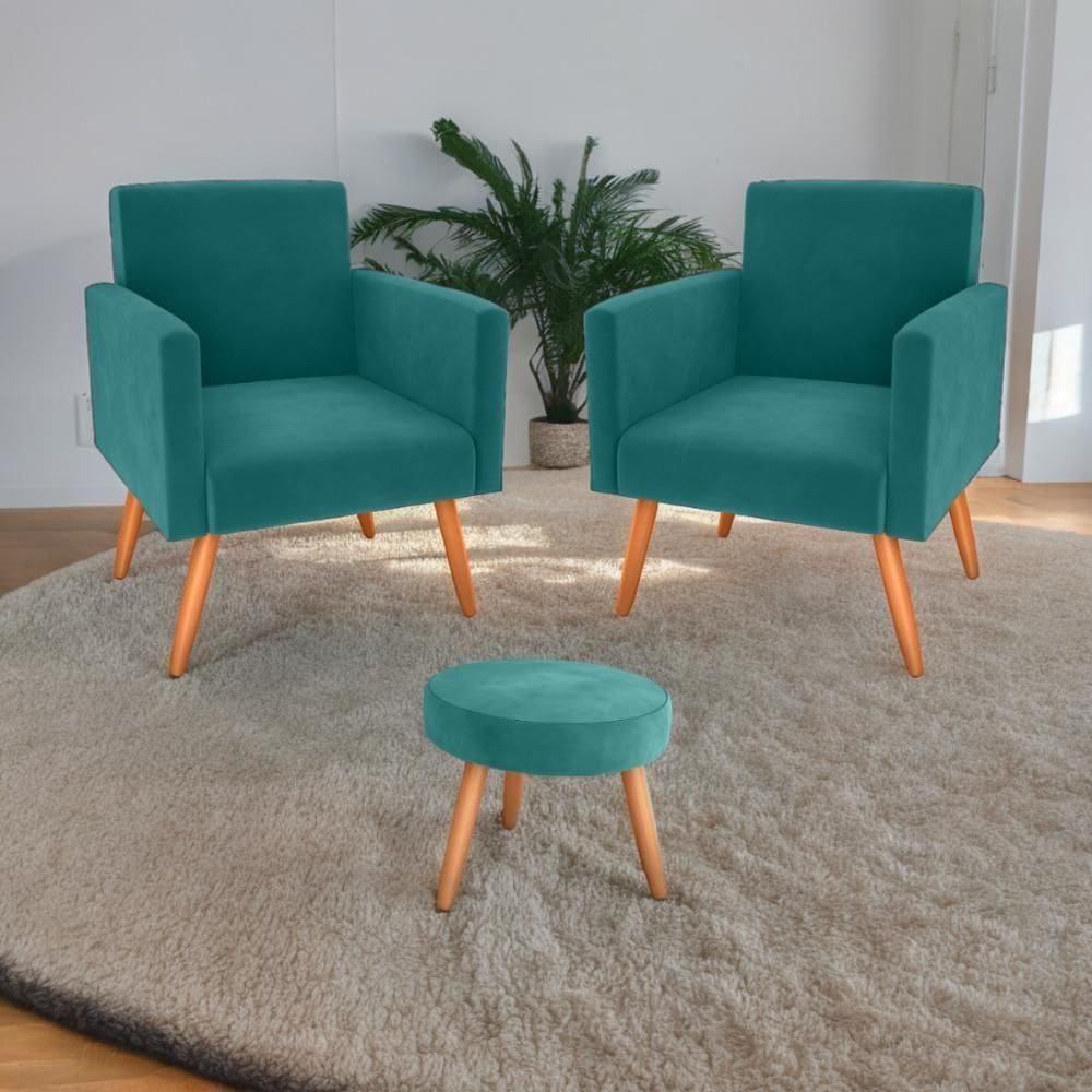 Conjunto Poltronas E Puff Iara Veludo Verde Menta