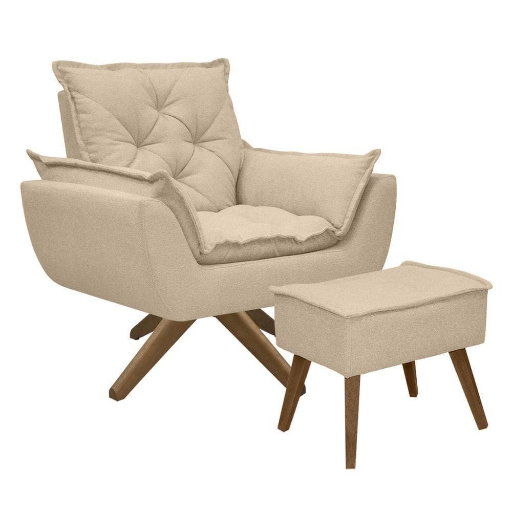 Kit Poltrona E Puff Opala Com Base Em Madeira Tecido Boucle Areia