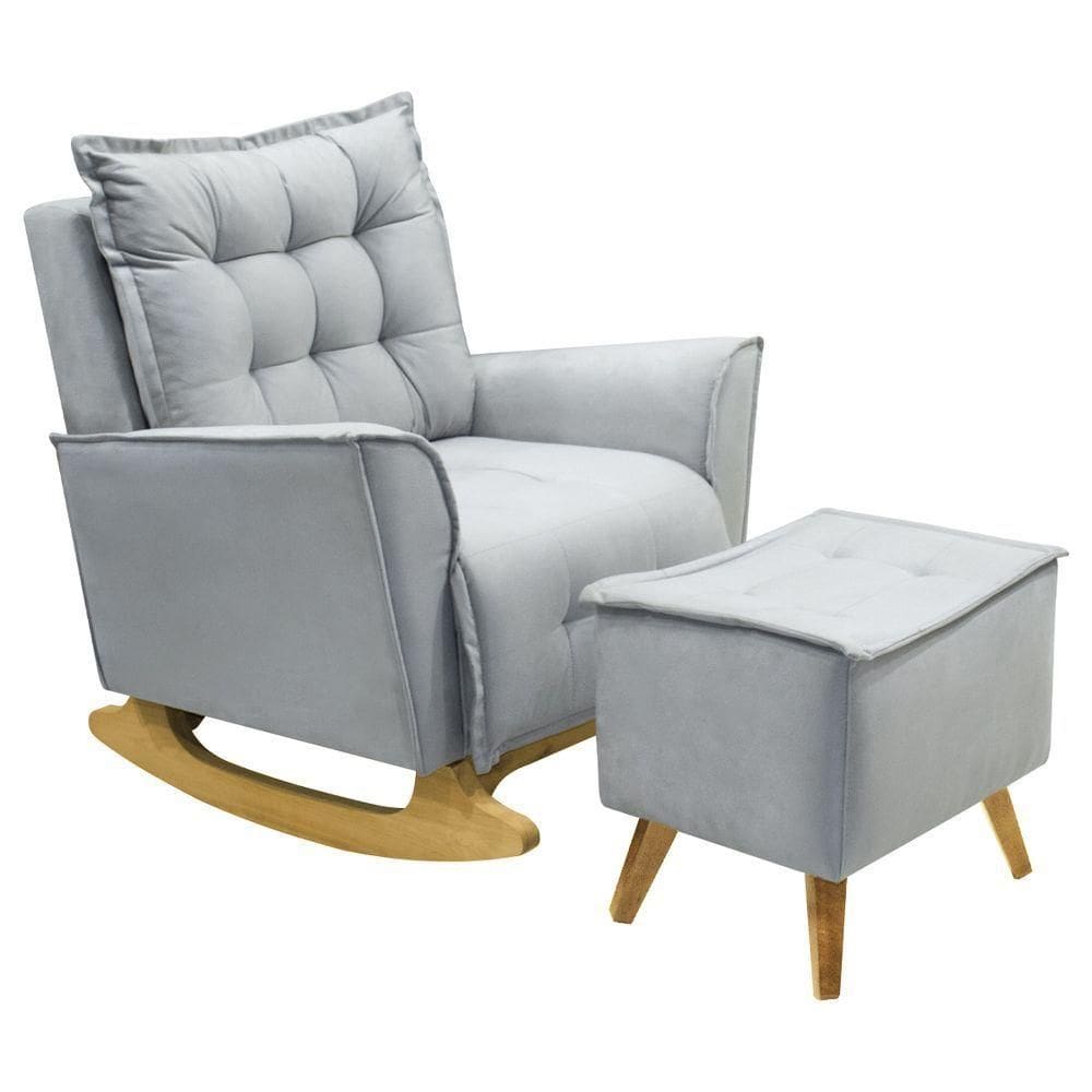Poltrona Amamentação De Balanço Helena + Puff Veludo Quarto Cinza