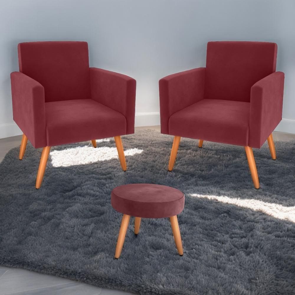 Conjunto Poltronas E Puff Anari Veludo Vinho