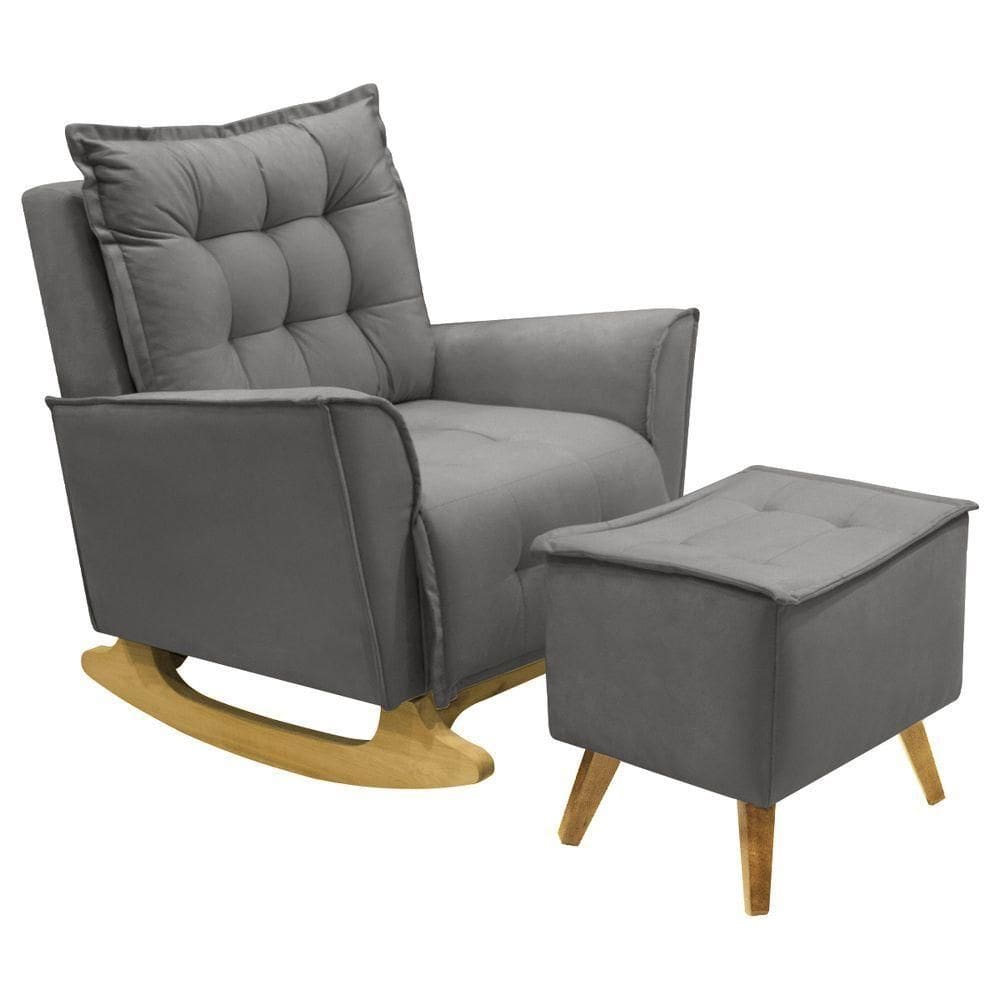 Poltrona Amamentação De Balanço Helena + Puff Veludo Quarto Chumbo