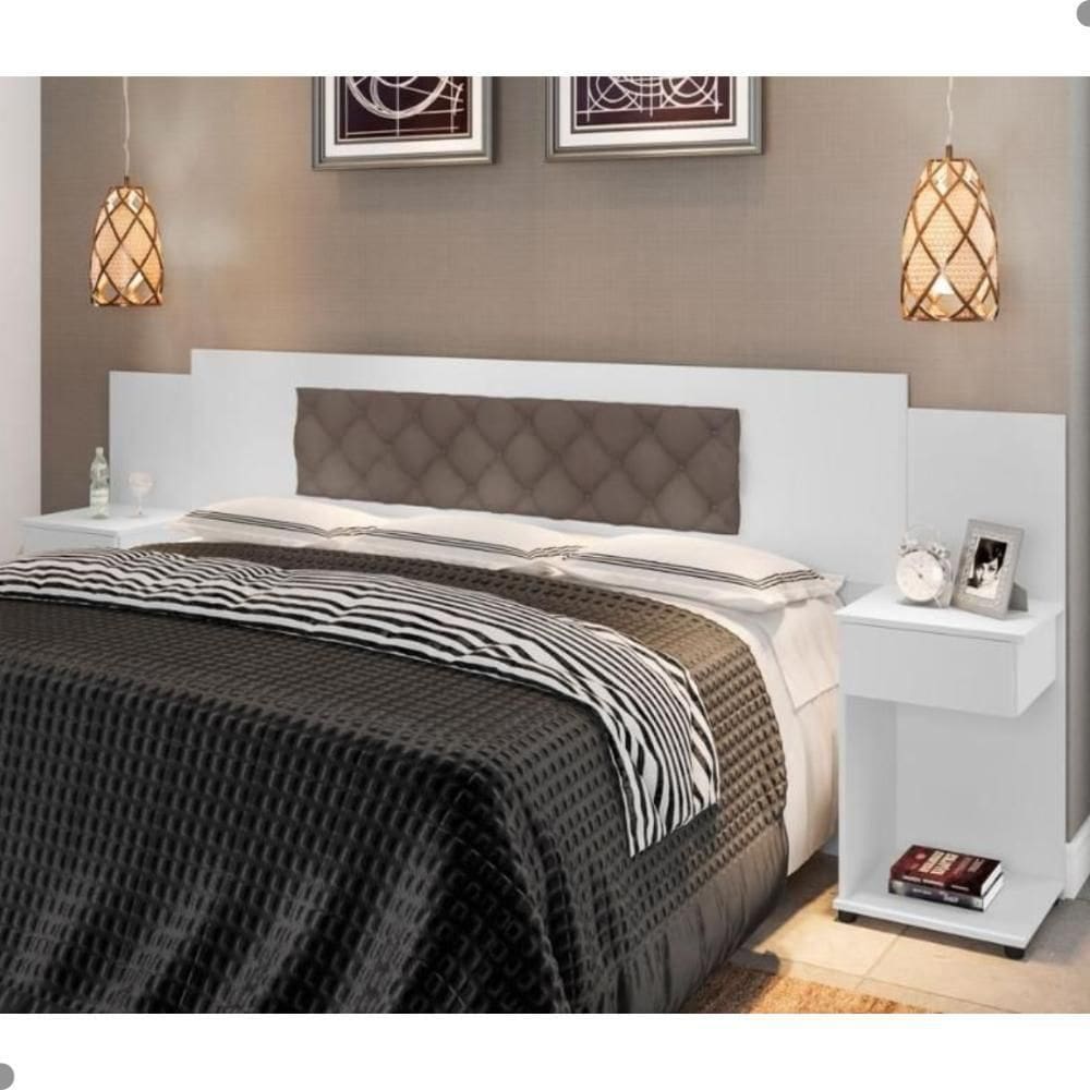 Cabeceira Box Bruna Branco Com Capitonê Bege Escuro